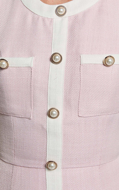 River Mini Dress - Boucle Button Through A Line Dress In Light Pink