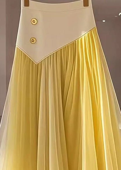 Women Yellow High Waist Wrinkled Patchwork Tulle Skirt Fall