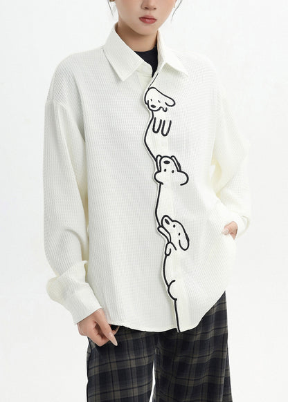 Casual White Cute Little Dog Embroidered Cotton Shirt Spring