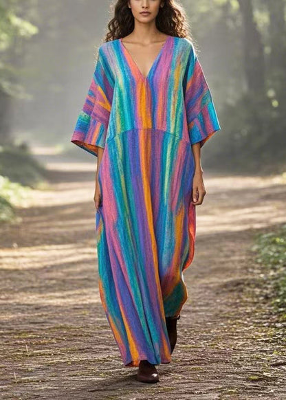 Vintage Rainbow Oversized Tie Dye Cotton Maxi Dresses Summer