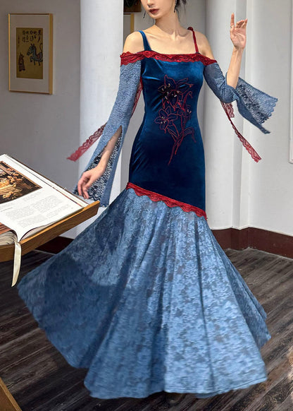 Chinese Style Colorblock Slash Neck Lace Patchwork Silk Velvet Long Dress Fall