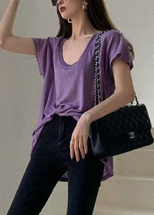 Loose Purple U Neck Solid Cotton T Shirts Summer