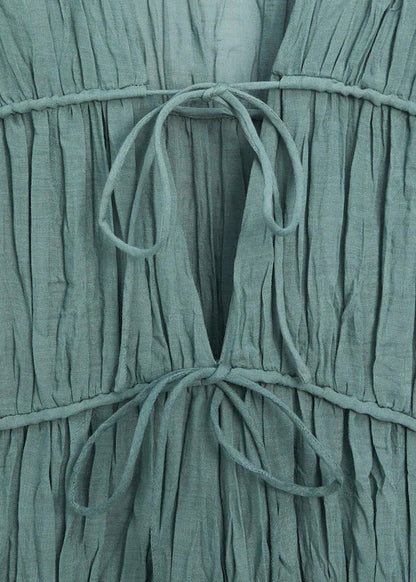 Women Blue V Neck Wrinkled Lace Up Cotton Long Dresses Summer