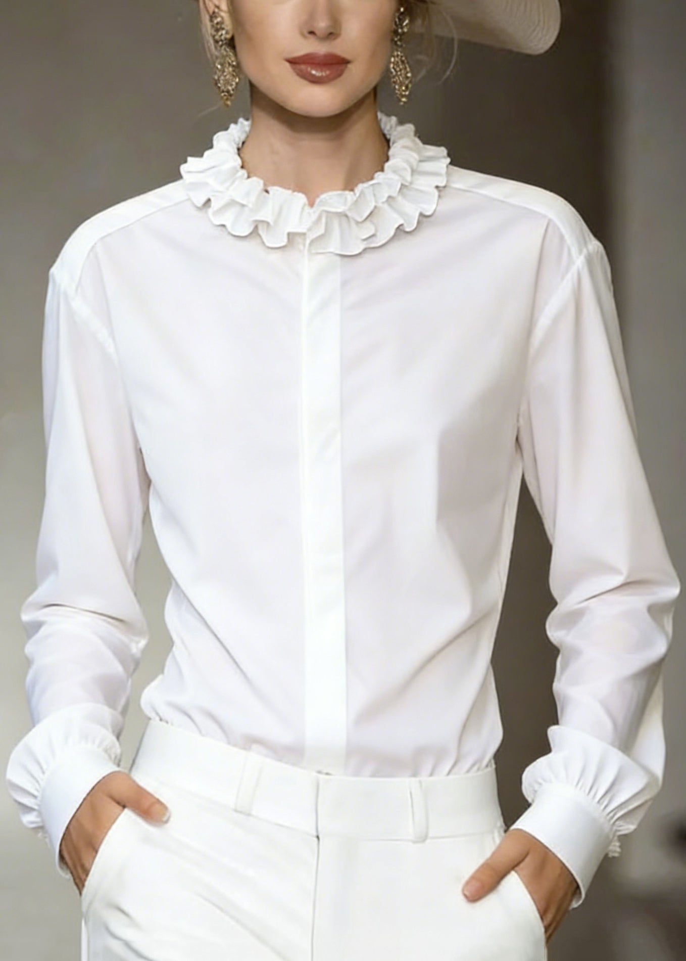 Stylish White Ruffled Button Solid Cotton Shirt Tops Fall
