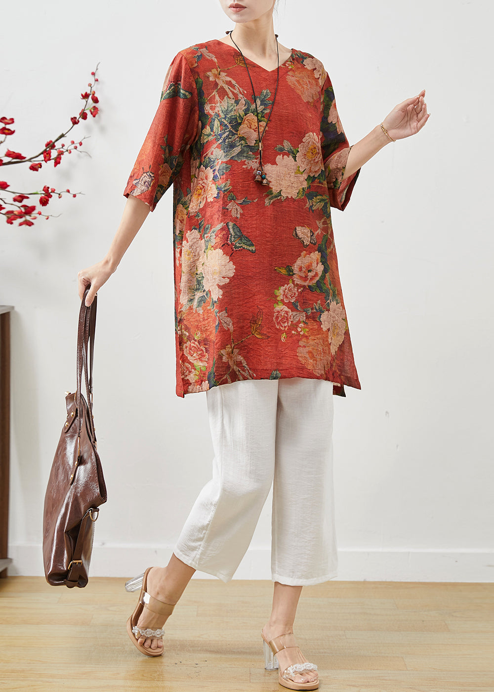 Vintage Red Oversized Print Linen Two-Piece Set Summer
