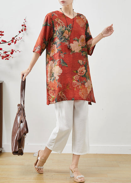 Vintage Red Oversized Print Linen Two-Piece Set Summer