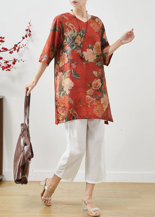 Vintage Red Oversized Print Linen Two-Piece Set Summer