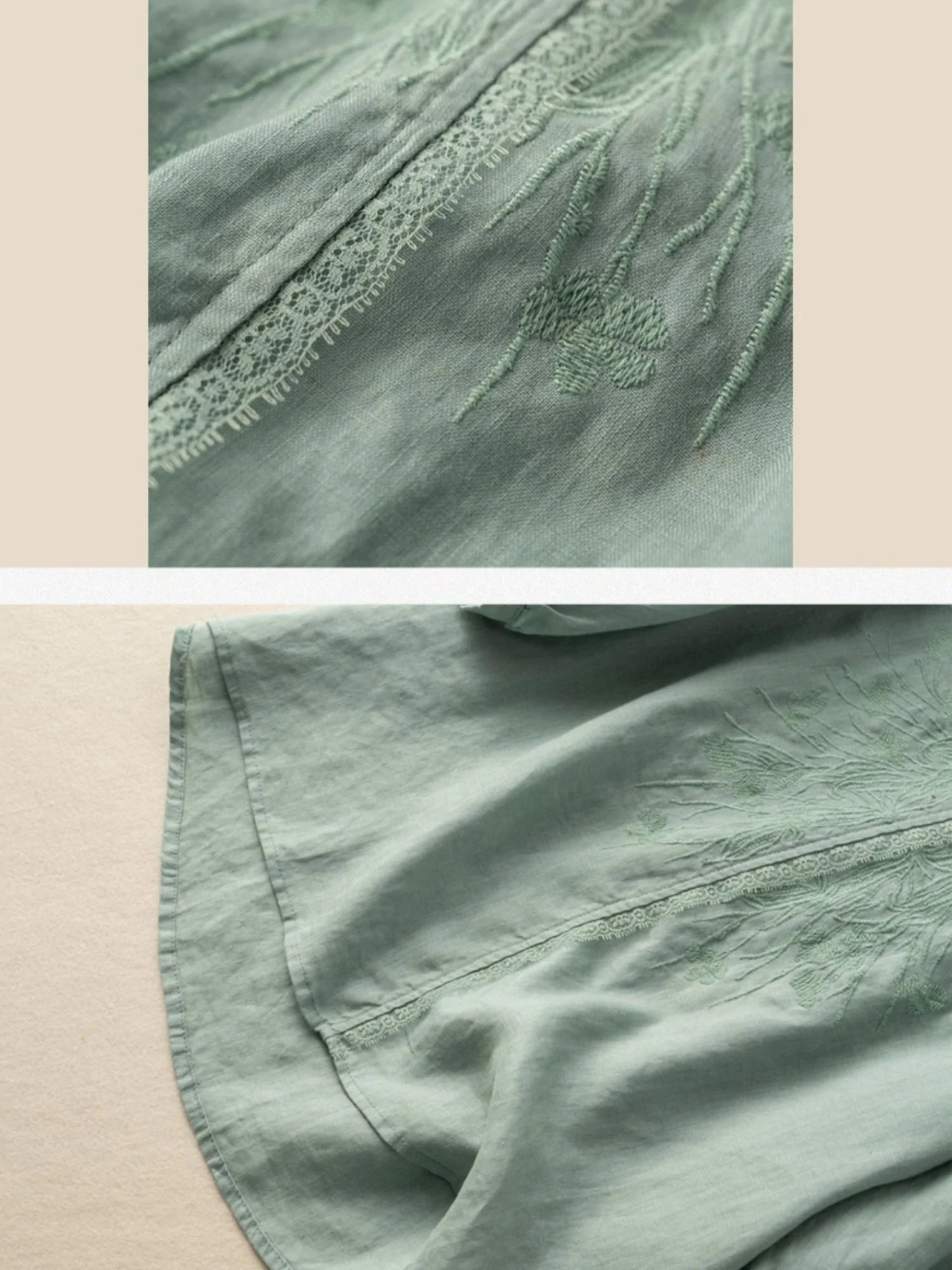 Embroidered V Neck 3/4 Sleeve Casual Linen Tee Top