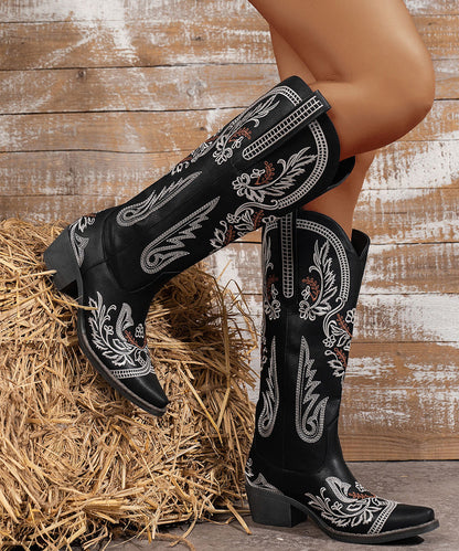 Chic Black Splicing Faux Leather Chunky Boots Embossed