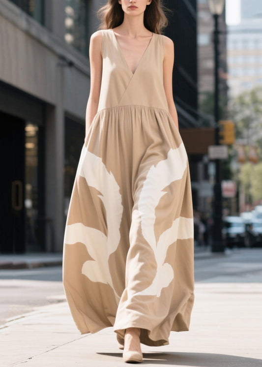 Boho Khaki V Neck Print Cotton Ankle Dress Summer