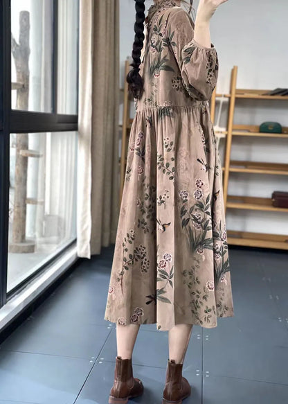 Women Khaki Button Ruffled Print Dress