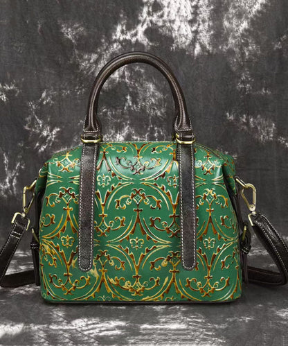 Handmade Green Embossed Calf Leather Tote Handbag