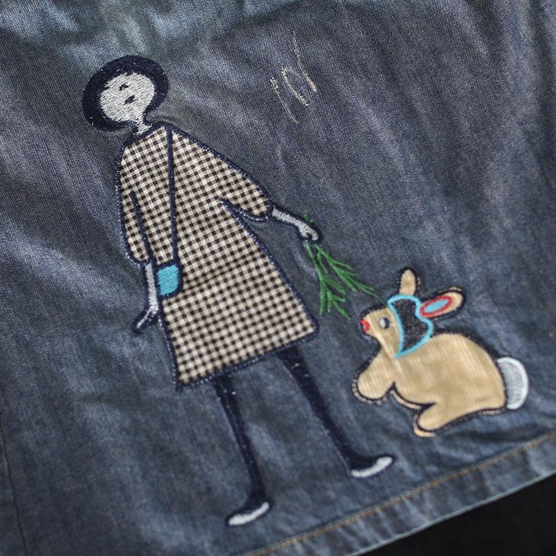 Cozy Thin Cartoon Embroidered Patch Swing  Denim Skirt