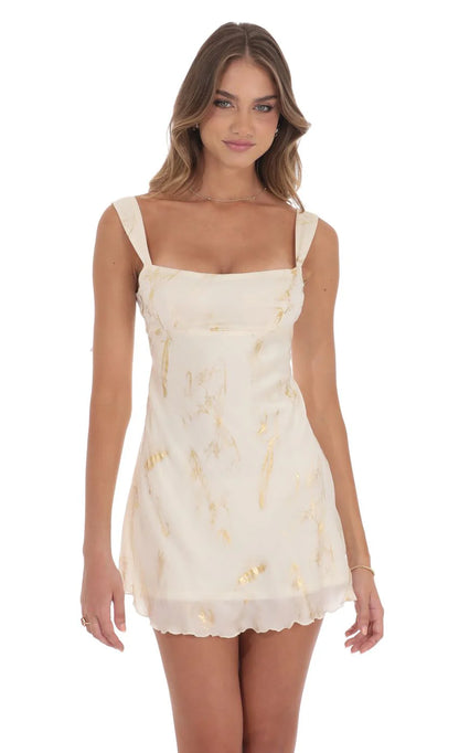 Gold Foil Open Back Dress in Cream