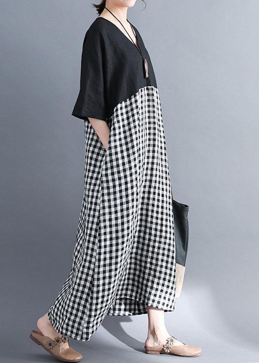 Loose v neck cotton clothes Women Shirts black patchwork Maxi Dresses summer