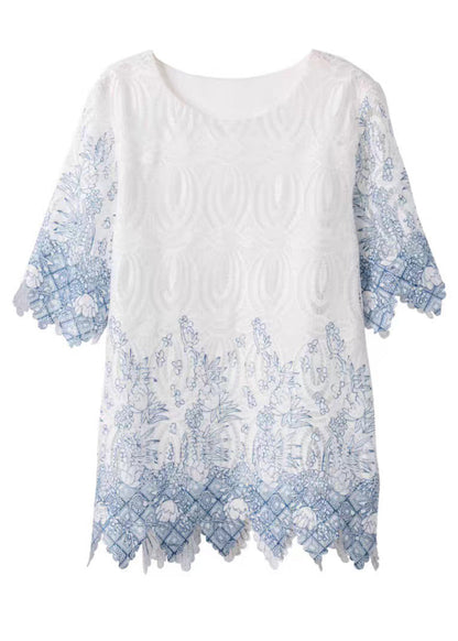 Art White O-Neck Hollow Out Cotton Shirts Half Sleeve