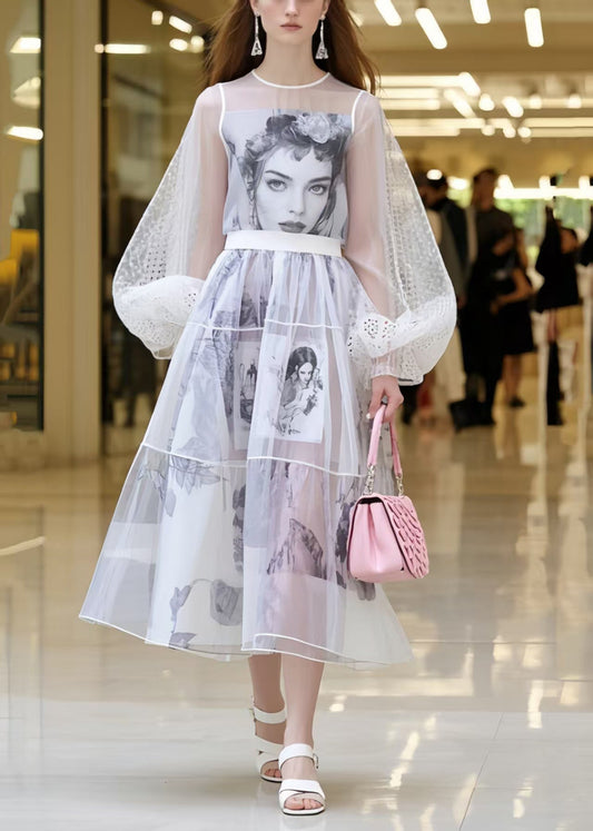 Beautiful White Print Chiffon Perspective Dresses Summer
