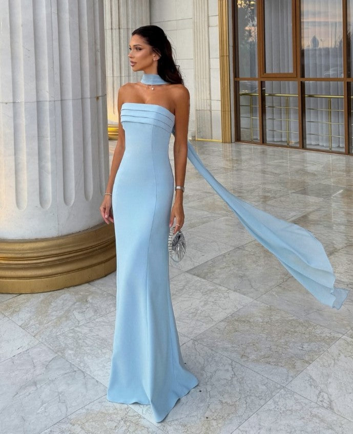 Halter Ribbon Strapless Mermaid Evening Gown