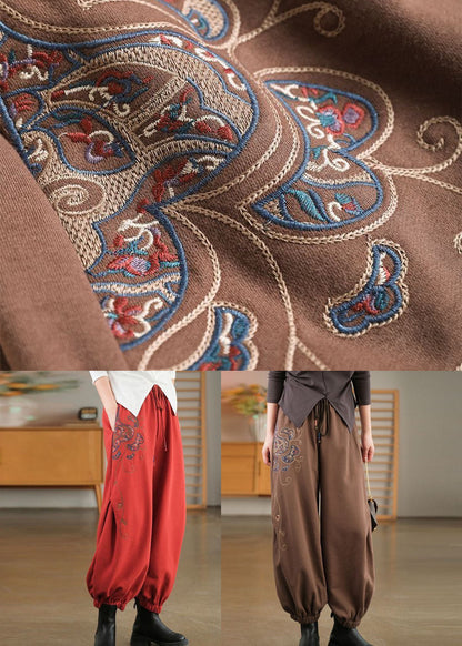 Coffee Oversized Warm Fleece Pants Embroideried Elastic Waist Winter