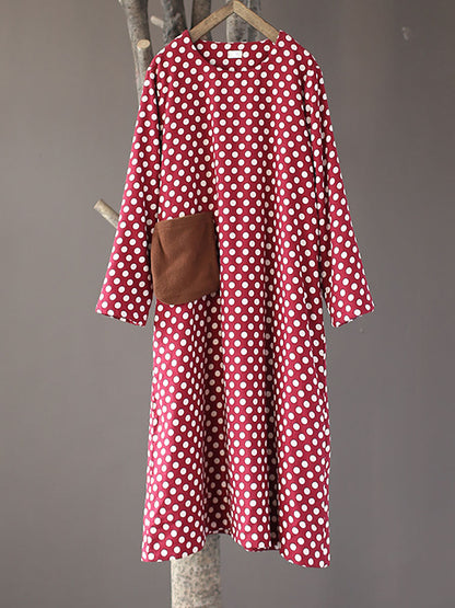 Women Vintage Dot Pocket Loose Thick Dress