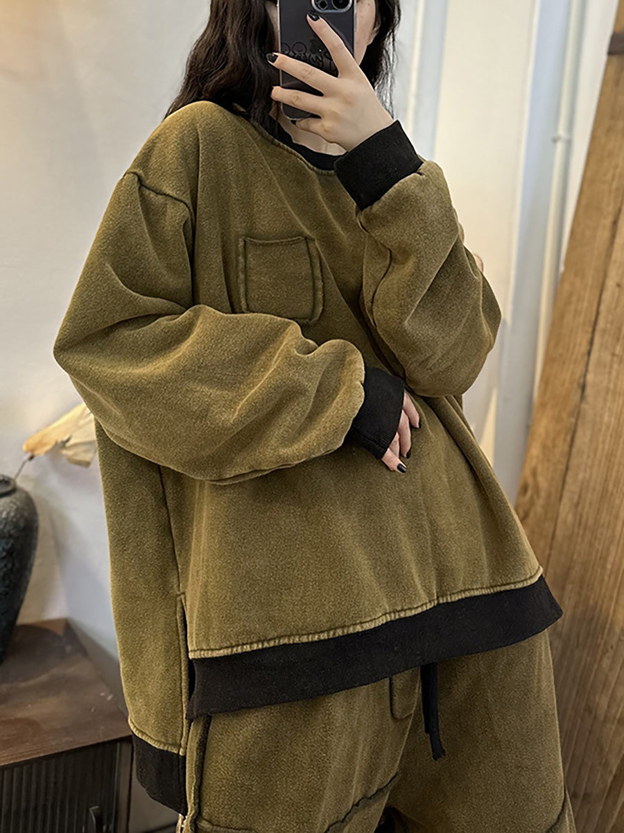 Women Winter Cotton Thickened Stitching Fleece Sweatshirt