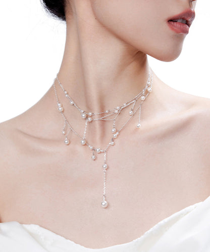 Chic White Pyered Pearl Tassel Multi Layered Silver Necklace
