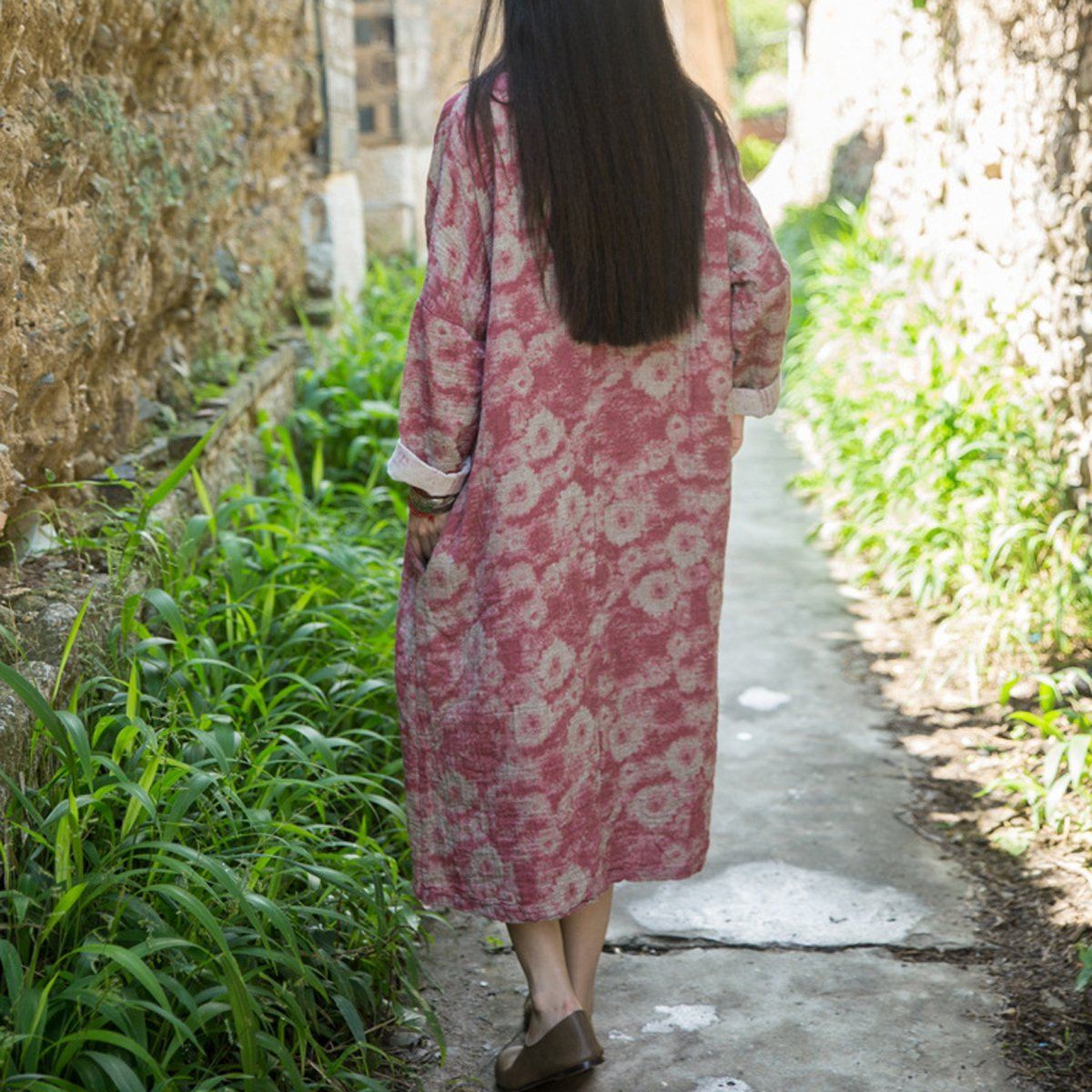 Cotton Linen Casual Loose Fitting Floral Dress Red / Blue