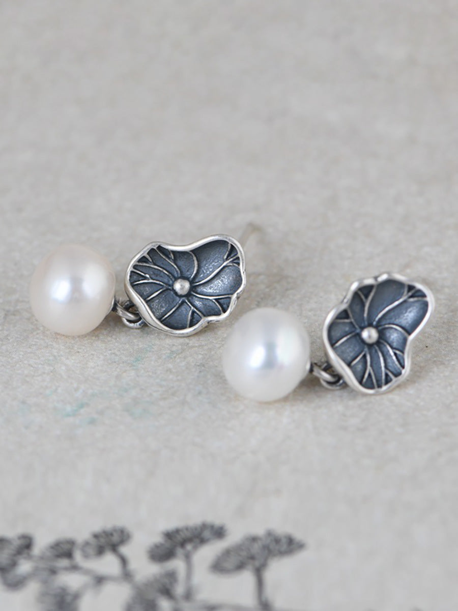 Vintage S925 Silver Women Lotus Leaf Earrings