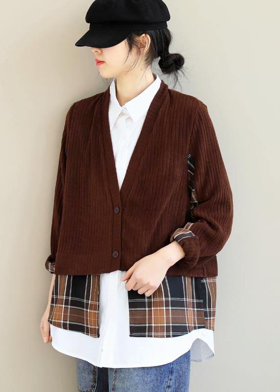 Elegant Chocolate Patchwork Top Lapel False Two Pieces Tunic Blouses