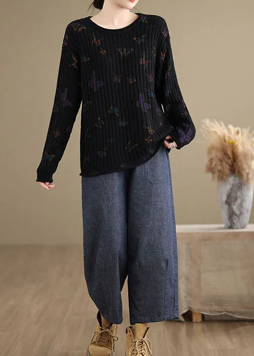 Chic Black O Neck Print Cotton Knit Sweaters Spring