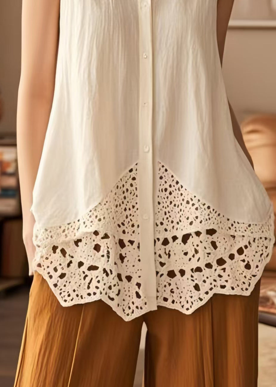 Vintage White Peter Pan Collar Patchwork Cotton Blouses Sleeveless