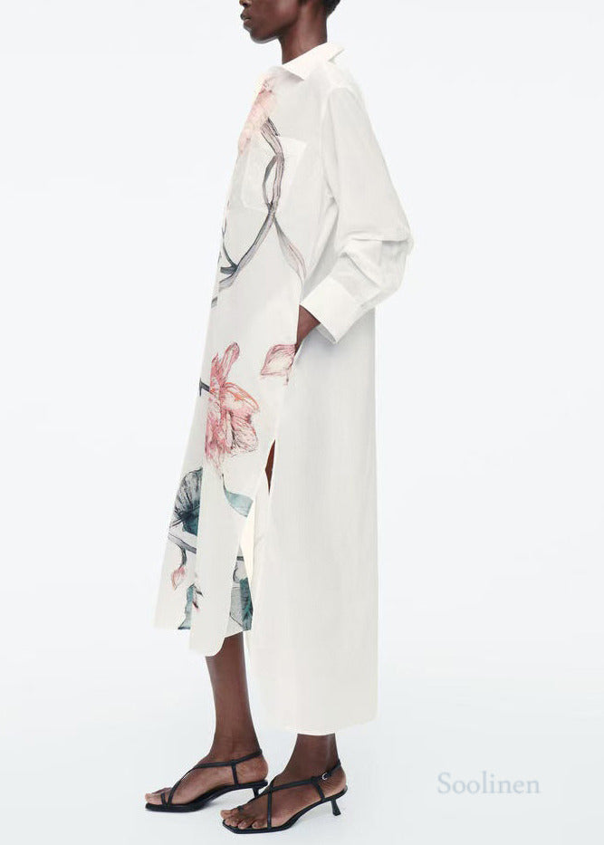 Casual White Oversized Print Cotton Long Shirts Dresses Fall