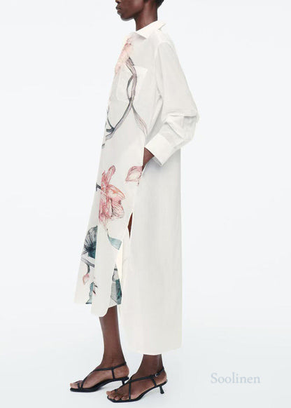 Casual White Oversized Print Cotton Long Shirts Dresses Fall