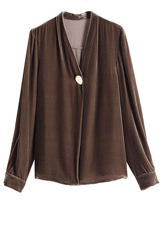 Coffee Patchwork Silk Velour Shirt Top V Neck Solid Color Long Sleeve