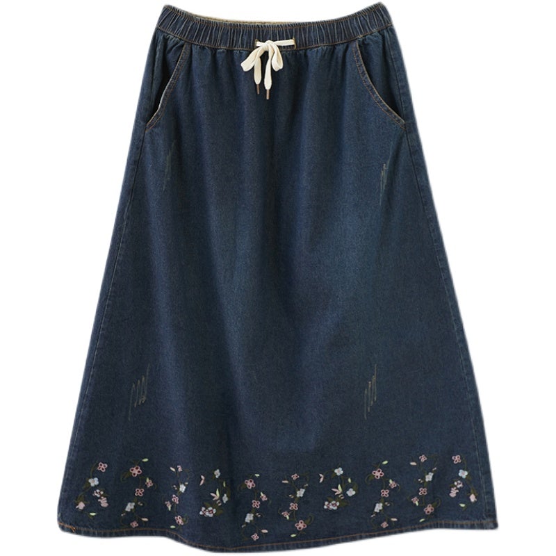 Retro Floral Embroidery Loose Denim Skirt