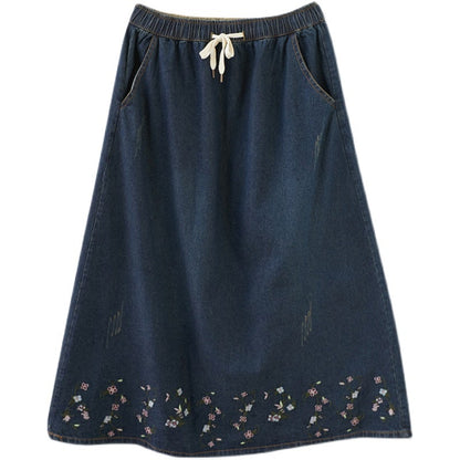 Retro Floral Embroidery Loose Denim Skirt