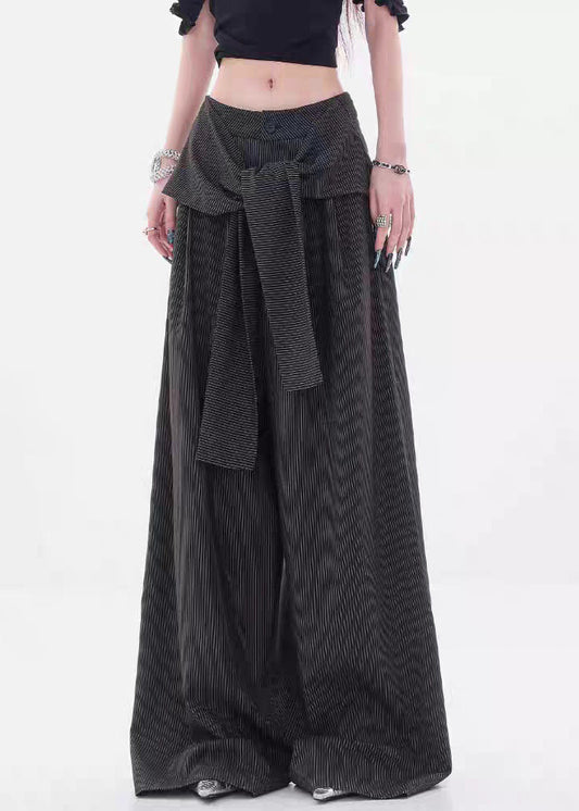 Black Striped Button Spandex Fall Pants High Waist