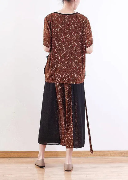 2019 khaki casual two pieces chiffon dotted tops and patchwork wide leg pants