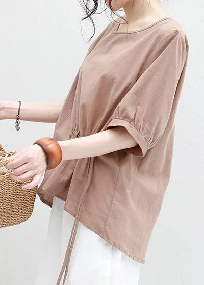 Women o neck lantern sleeve cotton linen tunic top Neckline khaki summer blouses