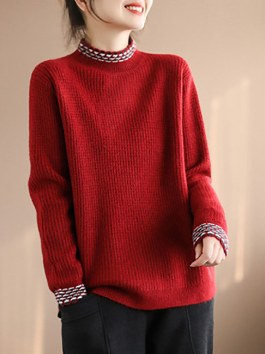 Women Vintage Winter Spliced Knitted Loose Sweater
