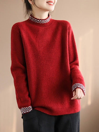 Women Vintage Winter Spliced Knitted Loose Sweater