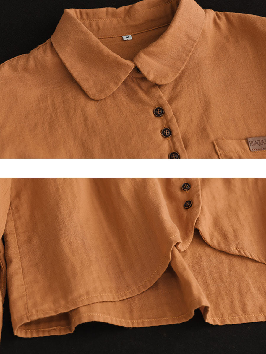 Women Spring Vintage Solid Button Pocket T-shirt