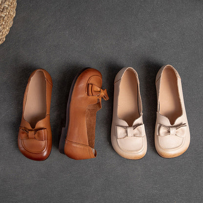 Spring Summer Women Retro Leather Bowknot Loafers