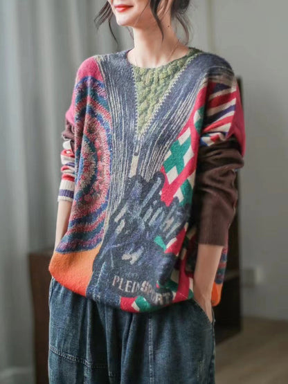 Women Print O-Neck Vintage Long Sleeve Sweater