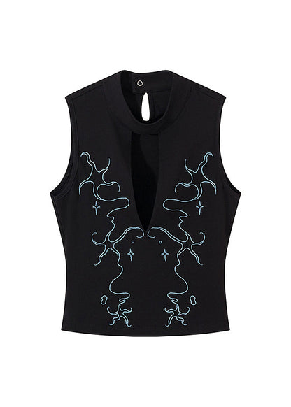 Chic Black Hollow Out Embroidered Cotton Tank Sleeveless