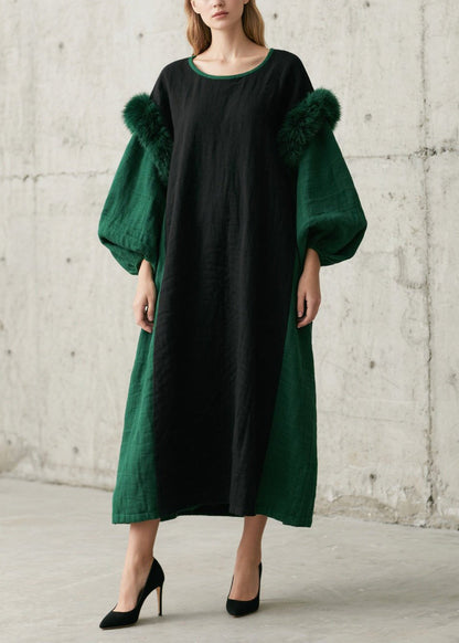 Simple Green Oversized Patchwork Faux Fur Dresses Lantern Sleeve