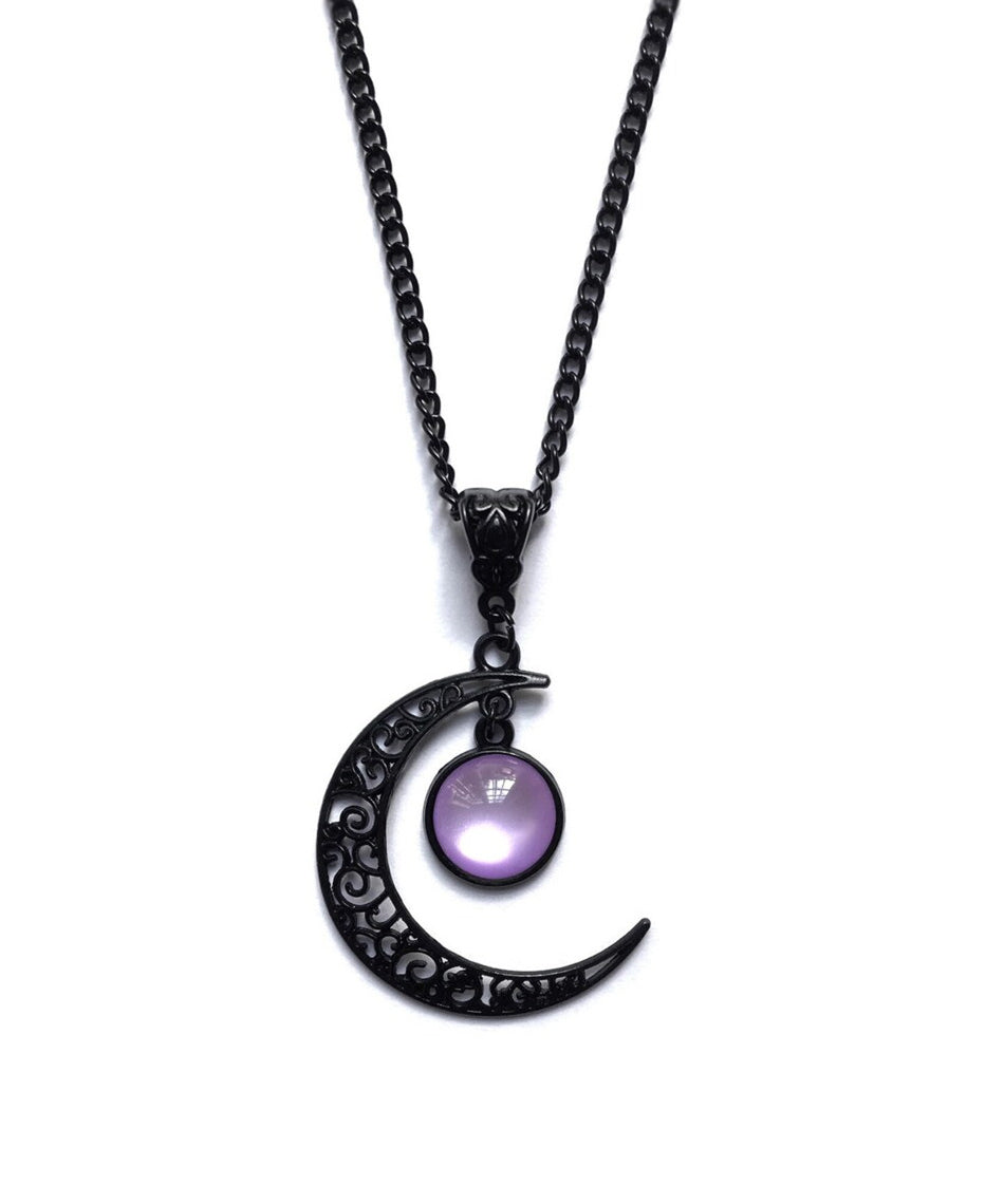 Original Purple Alloy Crystal Moon Hollow Out Pendant Necklace