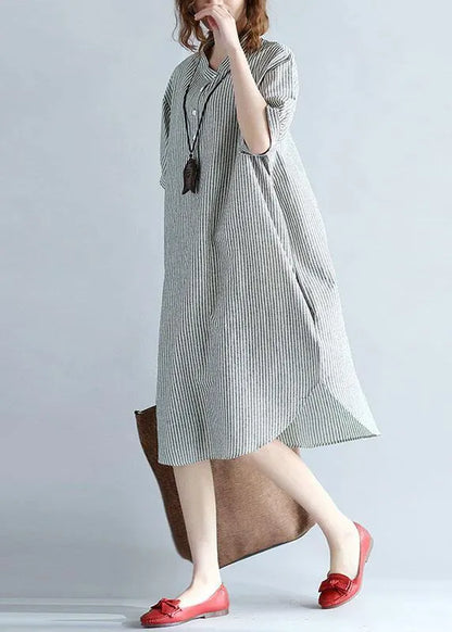 Chic side open Cotton Long Shirts Work gray striped Dresses summer