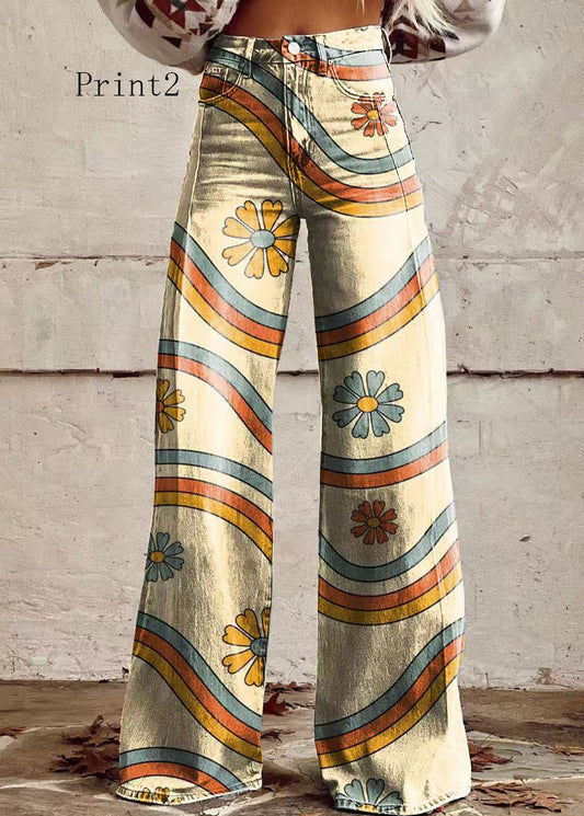 Loose Floral Print High Waist Pockets Denim Pants Spring