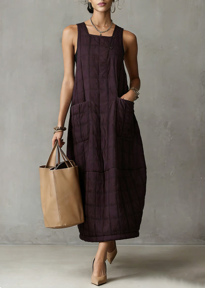 Loose Purple Plaid Pockets Solid Tank Dresses Sleeveless